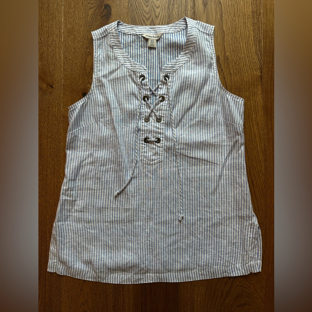 Tommy Bahama Blue & White Stripe 100% Linen Lace-Up Sleeveless Top, Small
